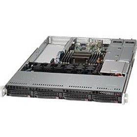 Internal view of Supermicro CSE-815TQ-R706WB 1U server chassis showing motherboard mounting area, drive bays, and cooling system configuration-alternate-image1