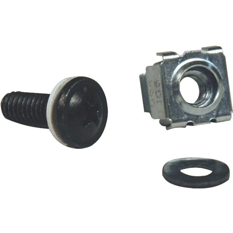 Close-up view of M5 rack mounting hardware components including black pan head screw, cage nut, and cup washer