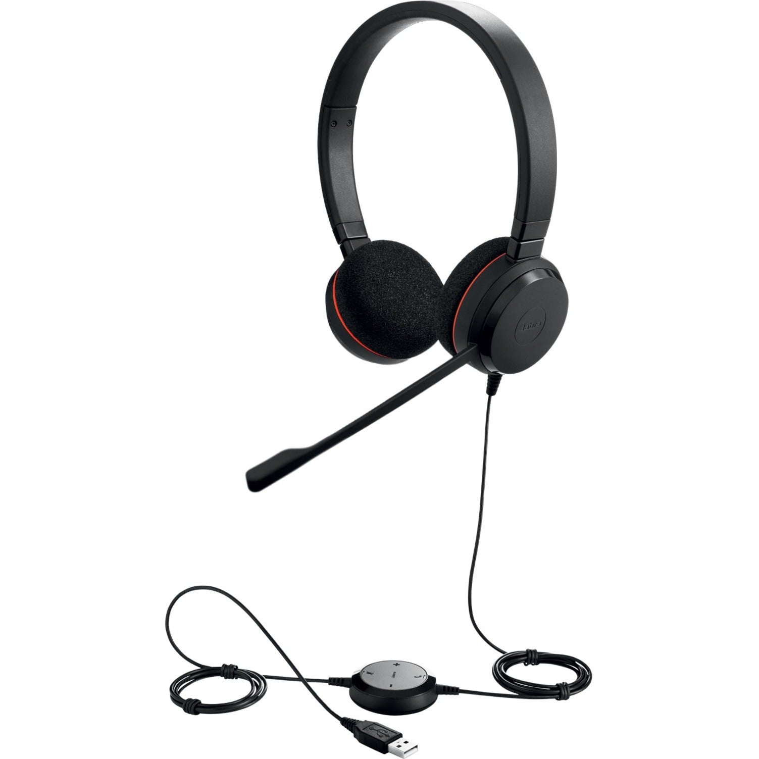 Jabra Evolve 20 stereo headset with USB controller and boom microphone shown in full profile-alternate-image1