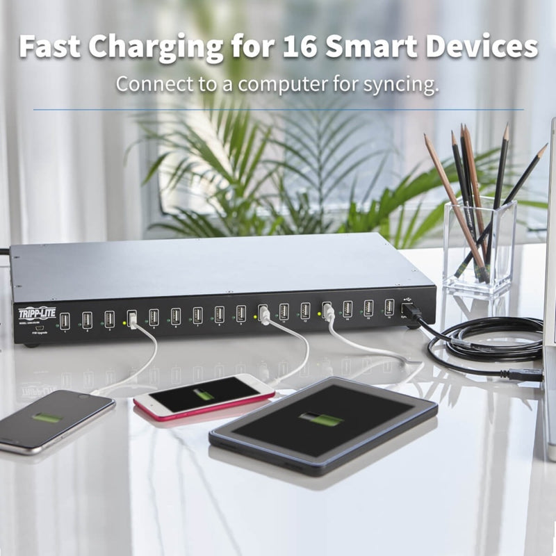 Marketing image showing Tripp Lite USB hub with text overlay highlighting fast charging capabilities for 16 devices