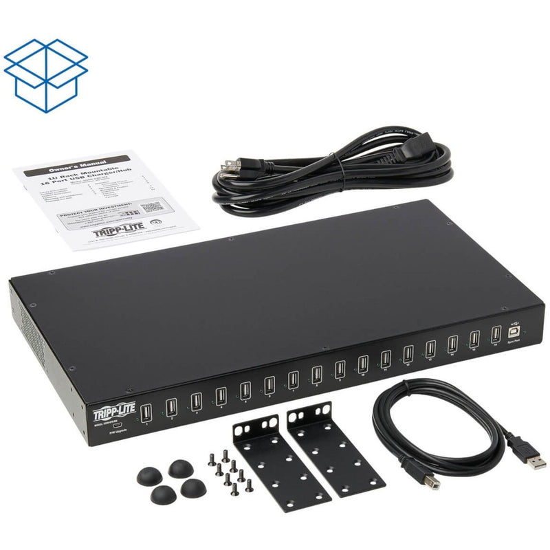 Complete package contents including USB hub, mounting hardware, cables, and documentation