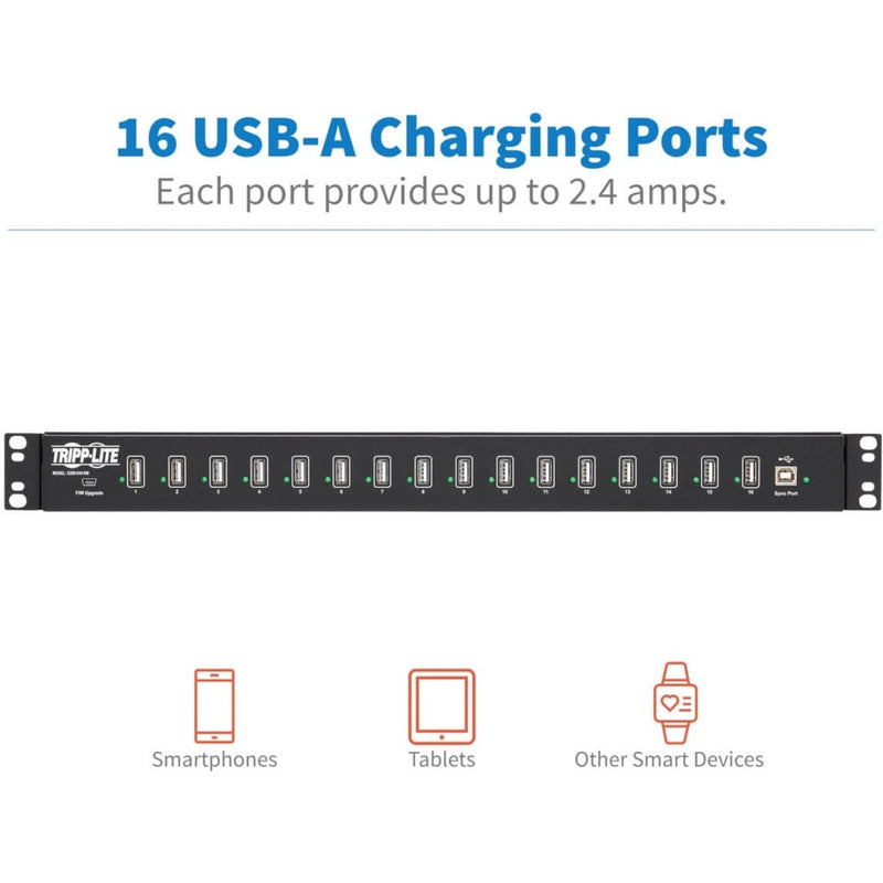 Front view of USB hub with icons showing device compatibility for smartphones, tablets, and smart devices