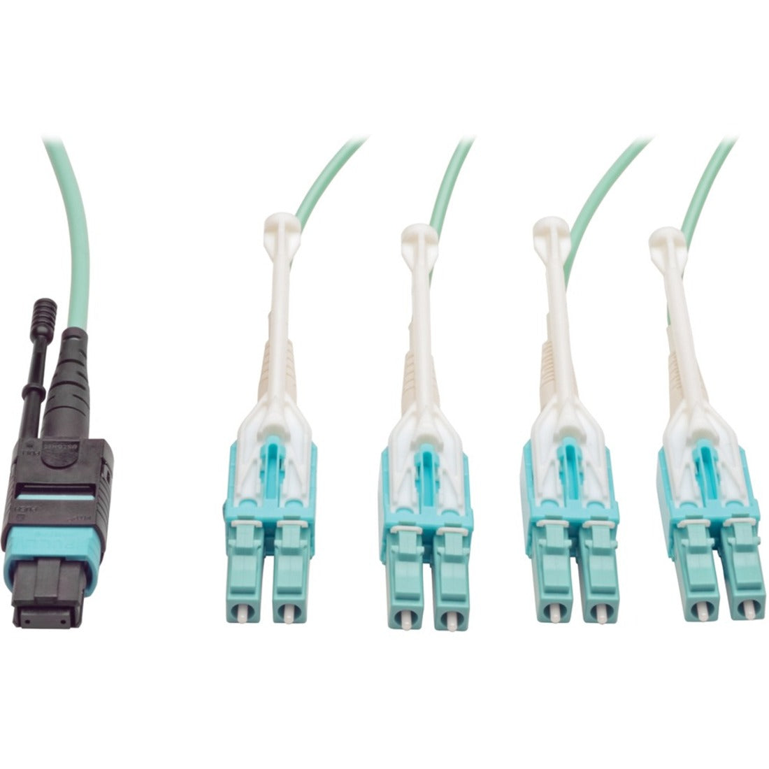 Tripp Lite MTP to 8x LC fan-out fiber optic cable showing connector detail and aqua jacket-alternate-image1