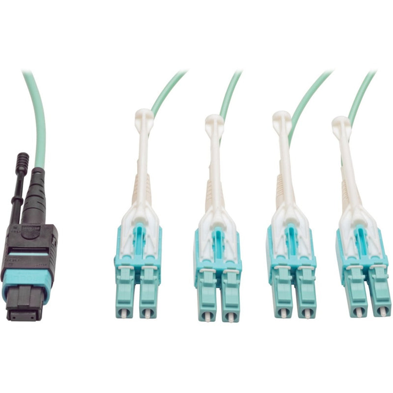 Tripp Lite MTP to 8x LC fan-out fiber optic cable showing connector detail and aqua jacket