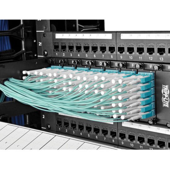 Installation example of MTP to LC fan-out cables in network rack showing cable management-alternate-image5