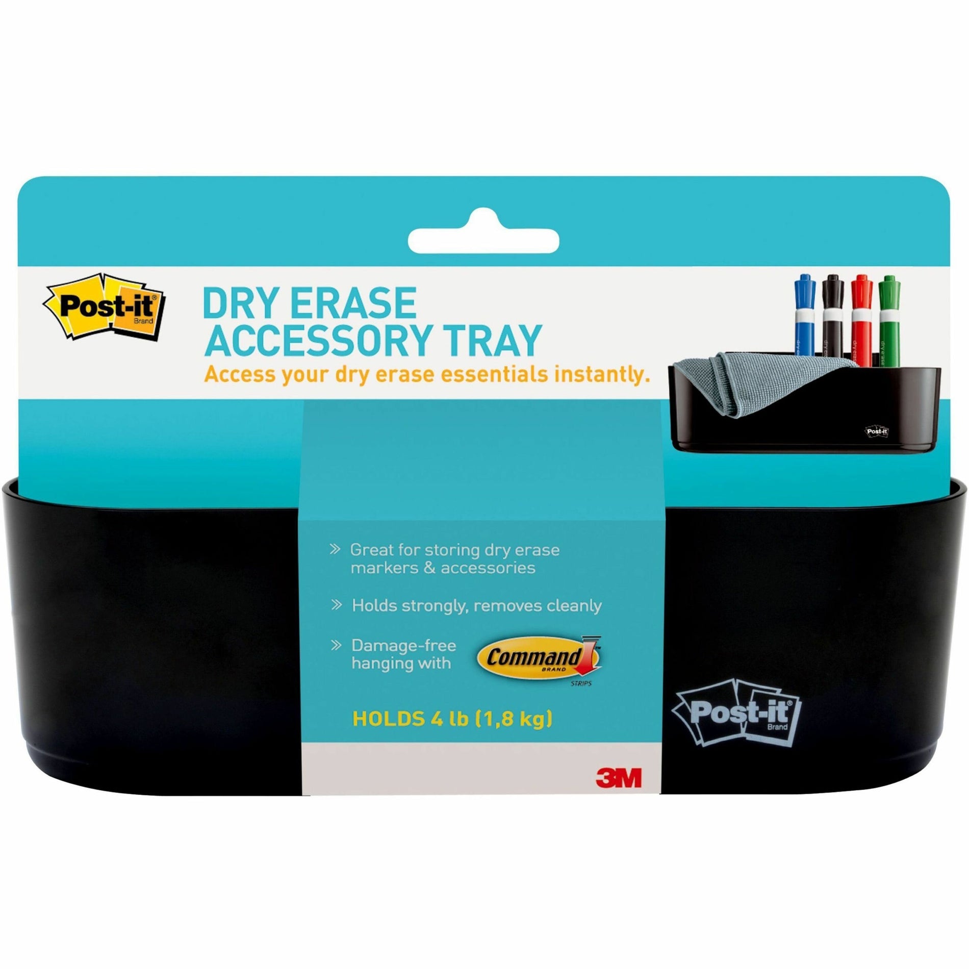 Post-it Dry Erase Accessory Tray product packaging showing black tray with markers and cleaning cloth-alternate-image1