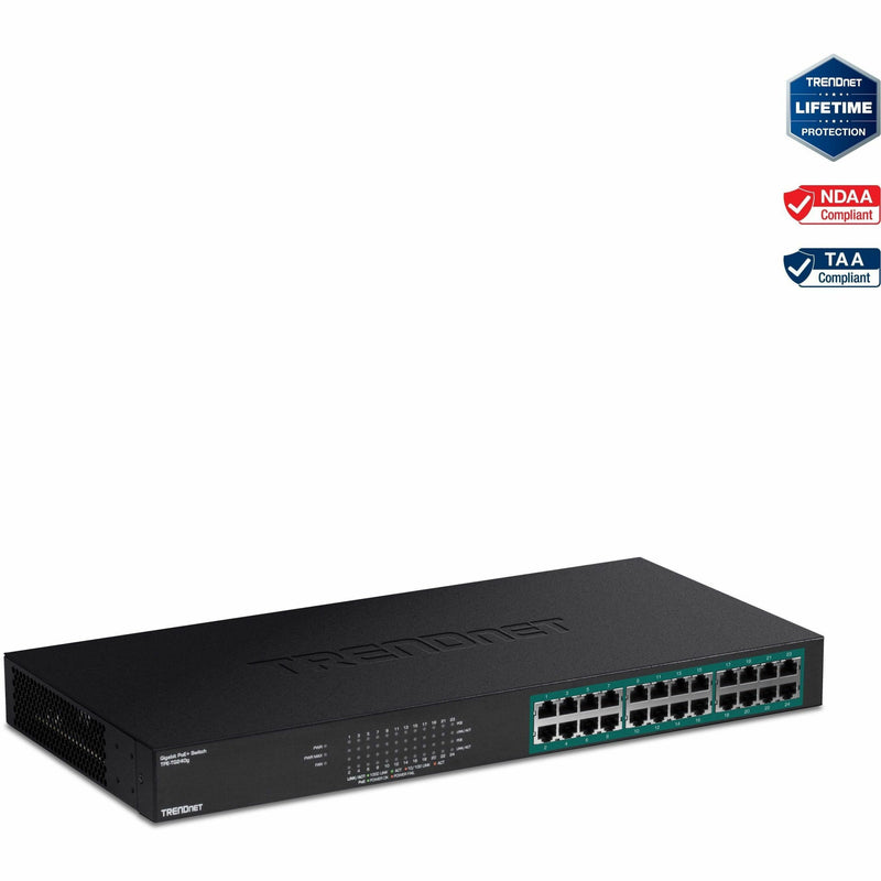 Front view of TRENDnet TPE-TG240G 24-port Gigabit PoE+ switch showing ports and LED indicators