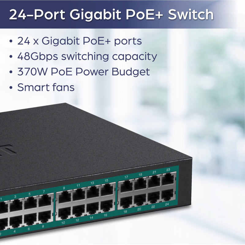 Close-up view of TRENDnet TPE-TG240G with technical specifications listed