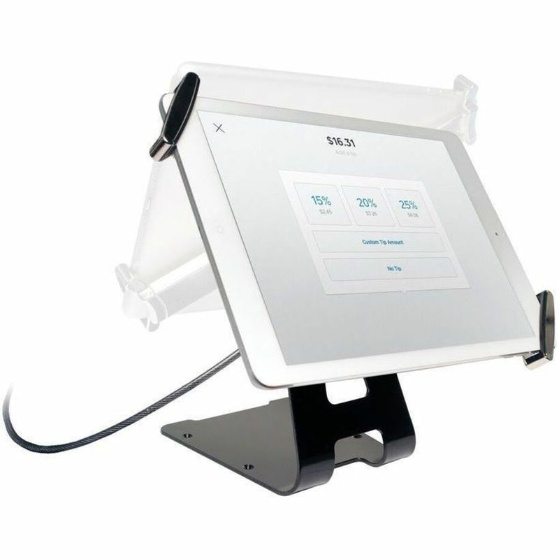 Tablet security stand showing point-of-sale interface with adjustable angle feature