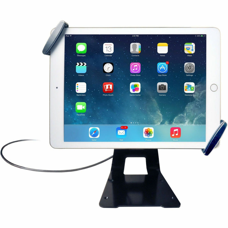 iPad secured in black metal anti-theft stand with security cable showing iOS home screen