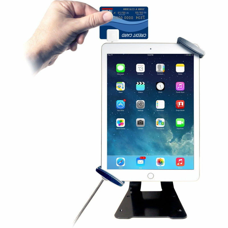 Tablet security stand shown with payment card transaction demonstration