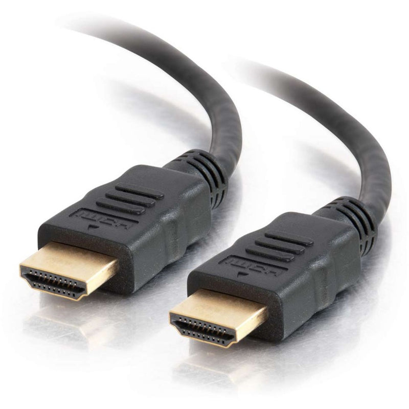 Close-up view of gold-plated HDMI connectors on both ends of a black cable