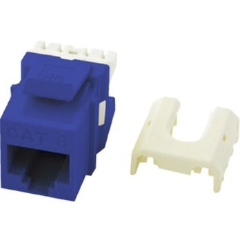 On-Q Cat 6 RJ45 Keystone Insert showing blue module body and white termination cap components