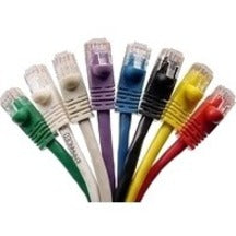 Seven Cat.6 UTP network cables in different colors including green, white, purple, blue, black, yellow, and red arranged in a fan pattern