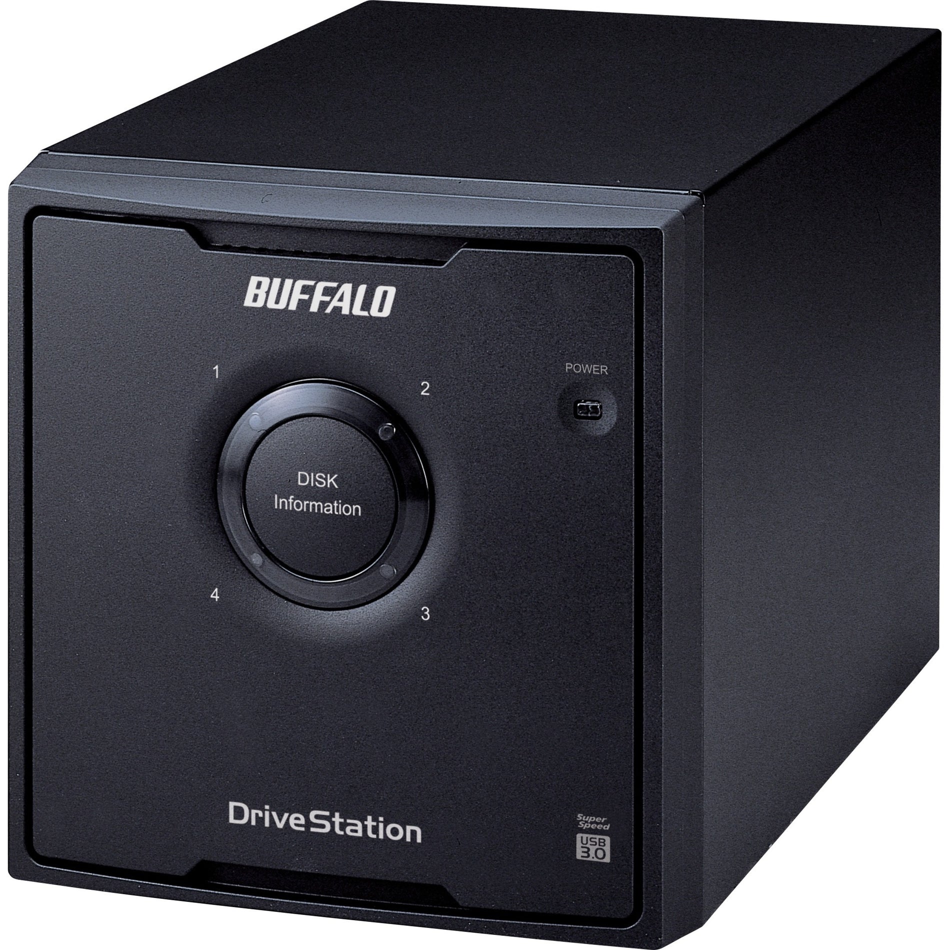 Front view of Buffalo DriveStation Quad showing disk information display panel and drive status indicators-alternate-image1