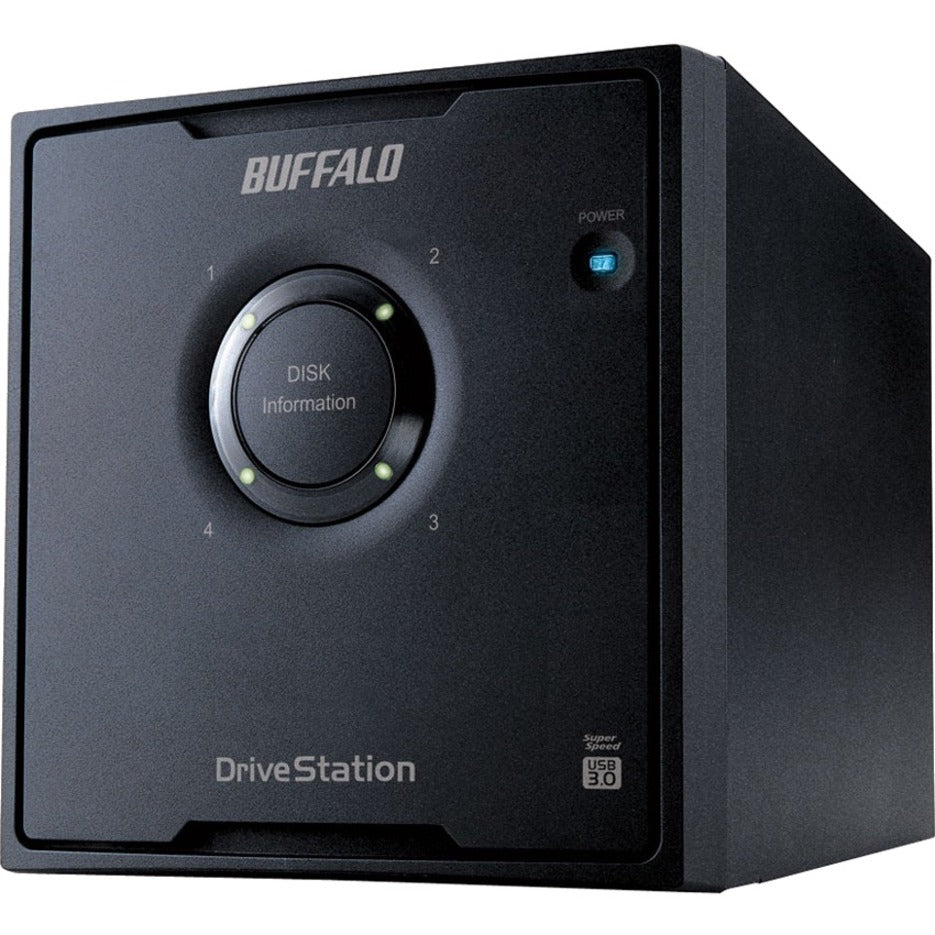 Angled view of Buffalo DriveStation Quad showing illuminated status LEDs-alternate-image3