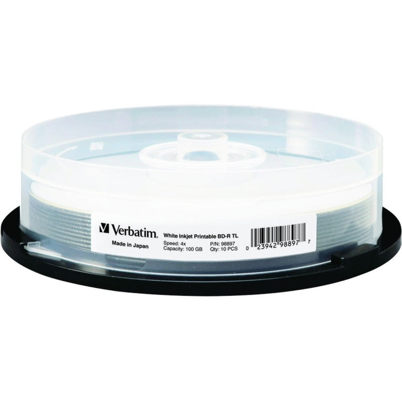 Verbatim BDXL 100GB BD-R discs in clear spindle case showing white printable surface and product labeling