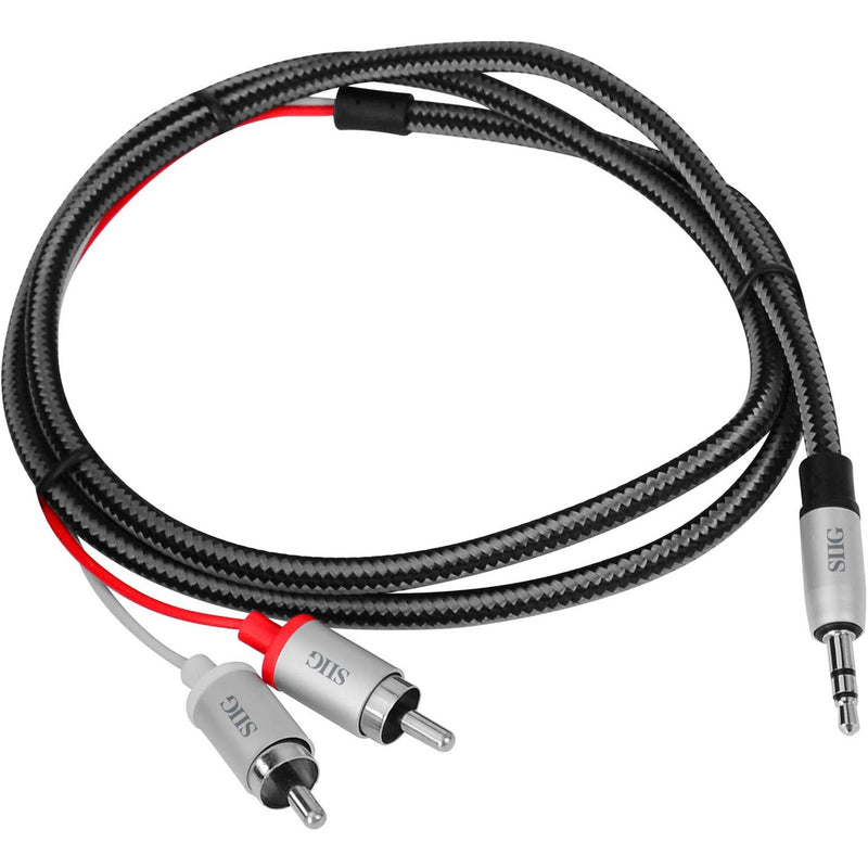 SIIG braided 3.5mm to RCA stereo cable with black woven fabric jacket and silver aluminum connectors