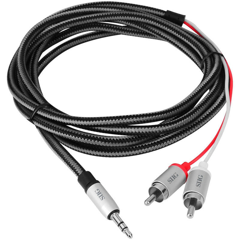 SIIG braided 3.5mm to RCA stereo cable with black fabric jacket and silver connectors coiled against white background