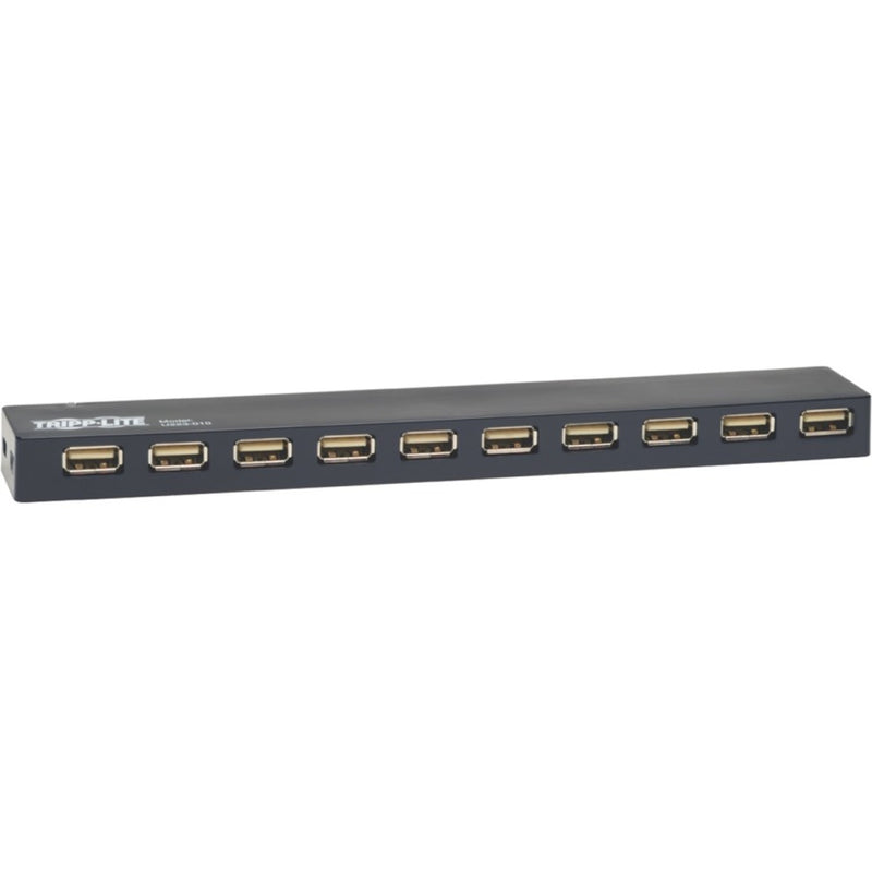 Front view of Tripp Lite U223-010 10-port USB 2.0 hub showing all USB ports in a slim black enclosure