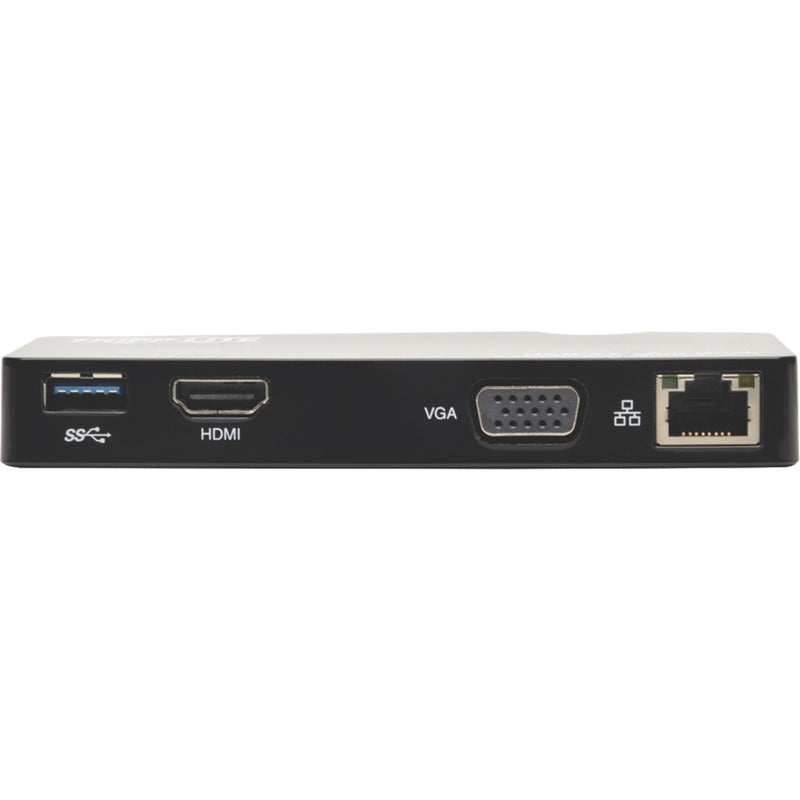 Front view of Tripp Lite docking station ports including USB 3.0, HDMI, VGA, and Ethernet