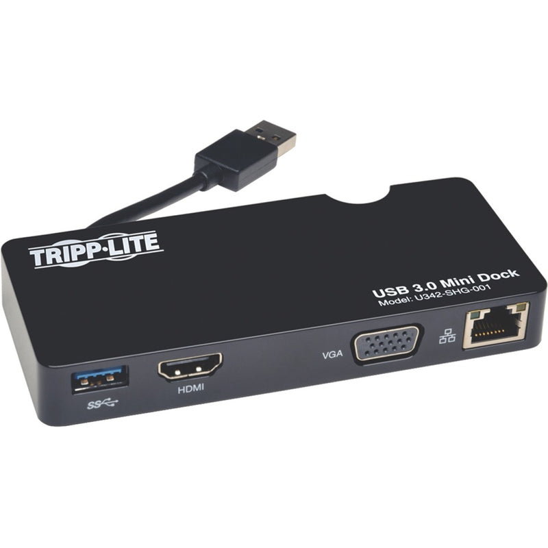 Tripp Lite USB 3.0 Mini Docking Station showing HDMI, VGA, USB and Ethernet ports