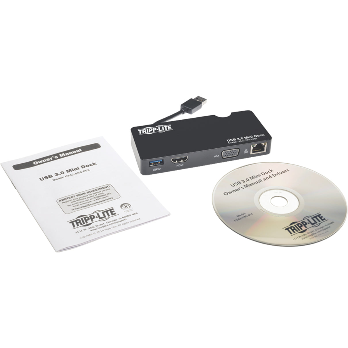 Product package contents showing docking station, manual, and driver CD-alternate-image6