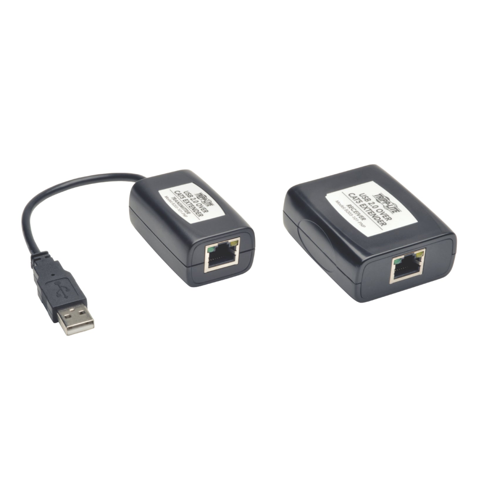 Angled view of Tripp Lite USB extender transmitter and receiver units showing connectivity options-alternate-image2