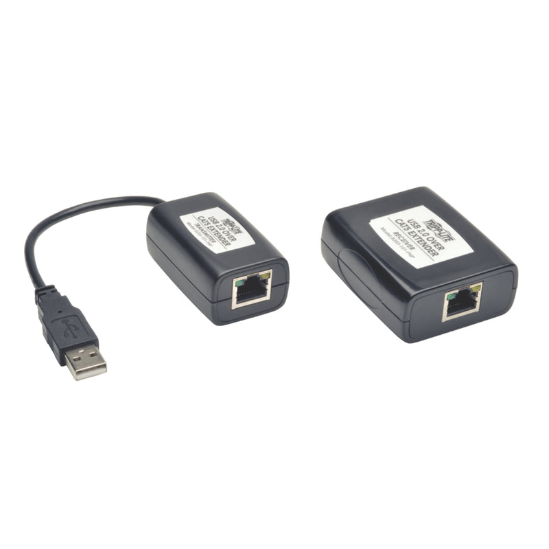 Angled view of Tripp Lite USB extender transmitter and receiver units showing connectivity options