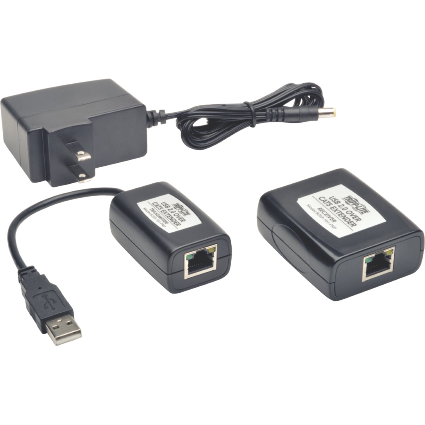 Complete Tripp Lite USB extender kit with transmitter, receiver, and power supply unit displayed-alternate-image3