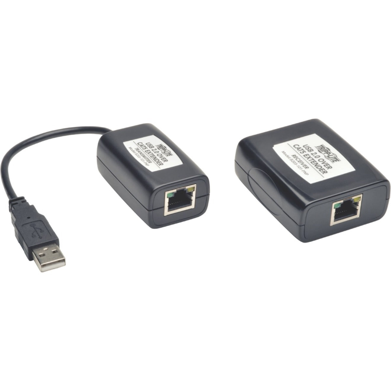 Tripp Lite B203-101-PNP USB extender kit showing transmitter with USB cable and receiver unit with RJ45 ports-alternate-image1