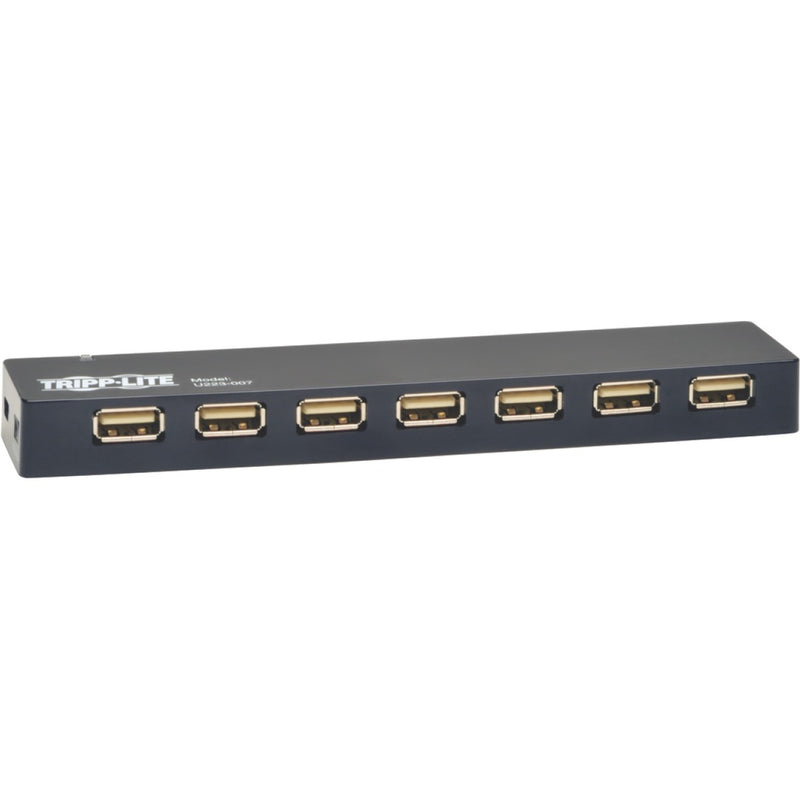 Front view of Tripp Lite U223-007 7-port USB 2.0 hub showing seven USB ports in black housing