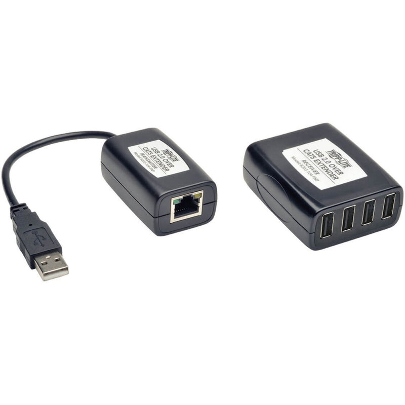 Tripp Lite B203-104-PNP USB extender showing local transmitter unit with USB cable and 4-port remote receiver hub