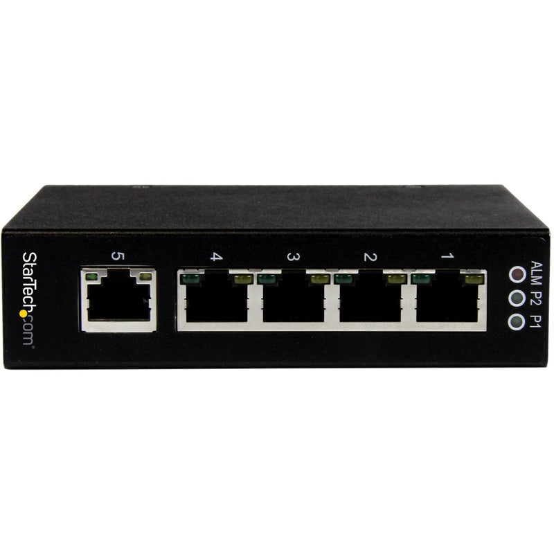 Front view of StarTech.com IES51000 industrial ethernet switch showing 5 numbered RJ-45 ports and status indicators