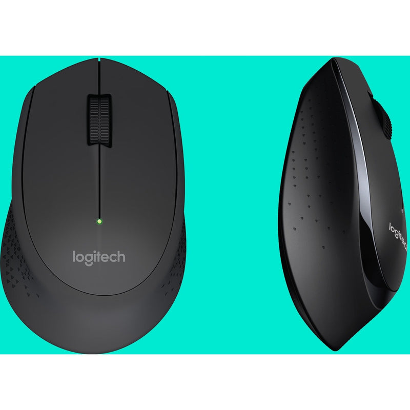 Multiple views of Logitech wireless mouse showing design details