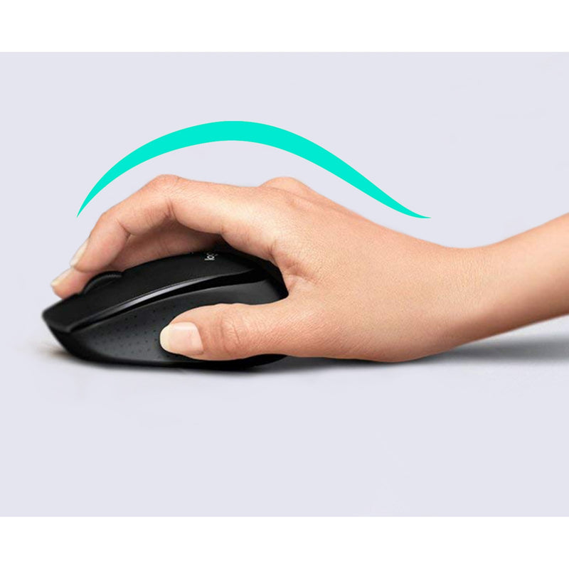 Side view of Logitech wireless mouse with ergonomic curve demonstration