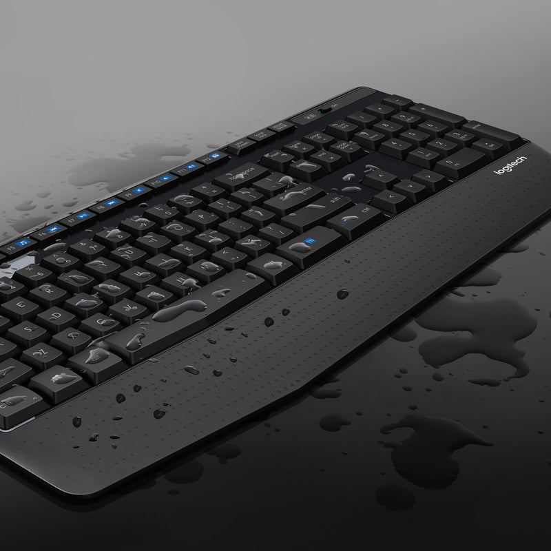 Logitech MK345 keyboard showing spill-resistant feature with water droplets