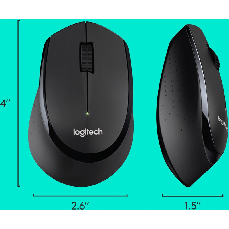 Detailed dimensional specifications of Logitech wireless mouse