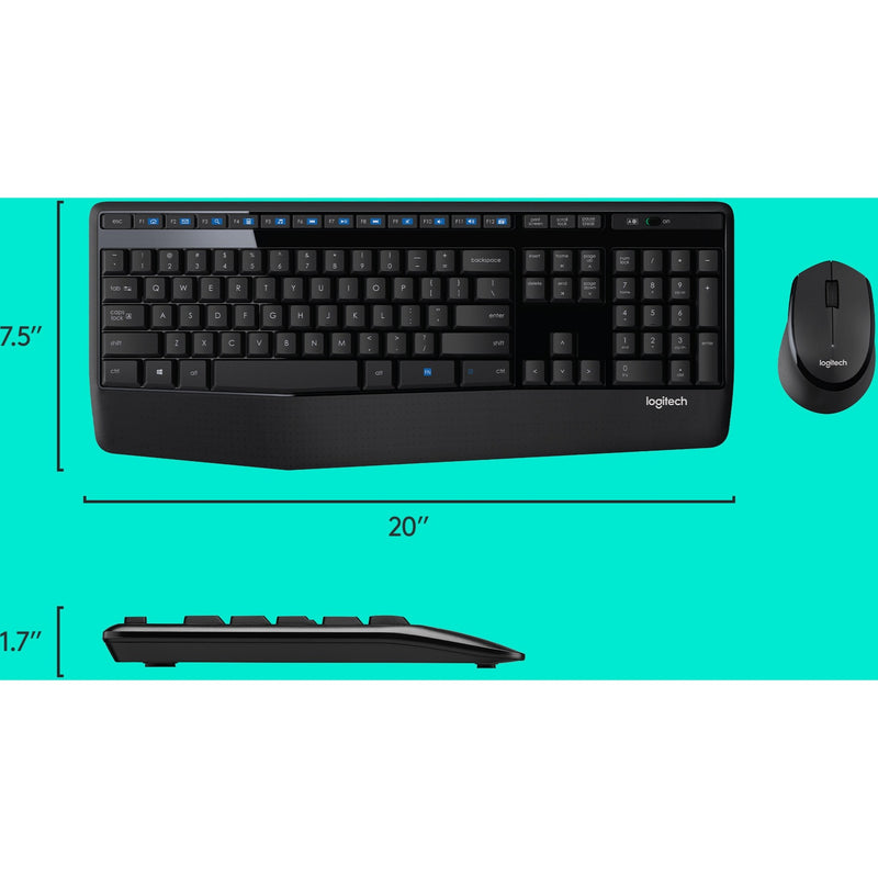 Dimensional view of Logitech MK345 combo showing size specifications