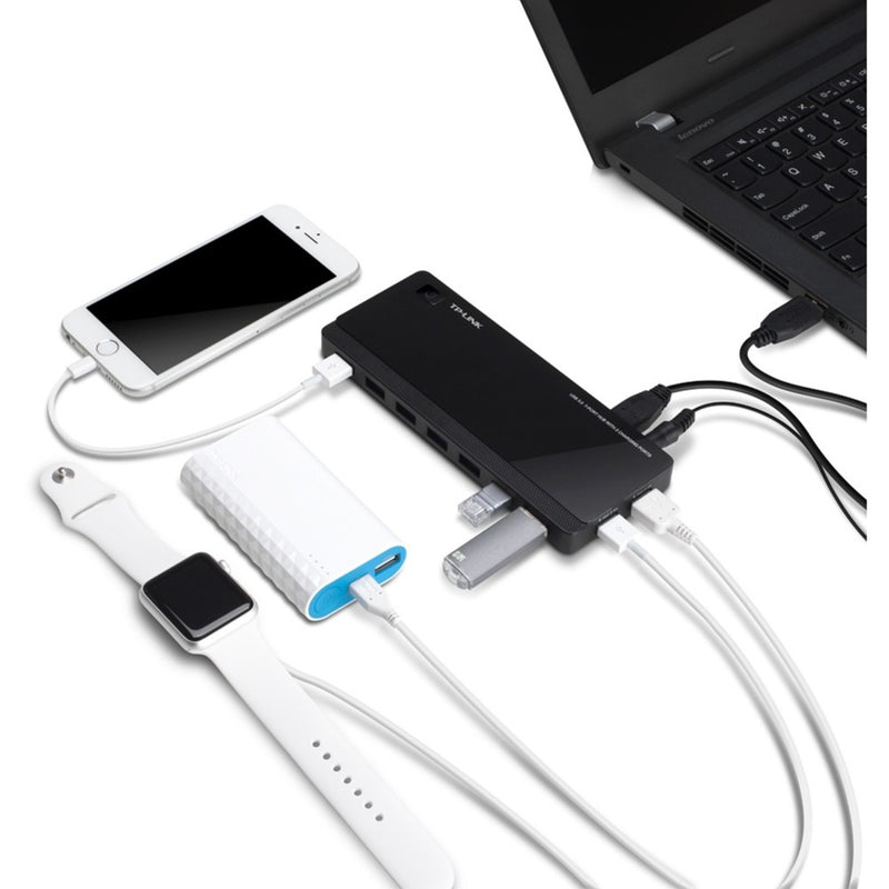 TP-Link UH720 connected to multiple devices including smartphone, smartwatch, and laptop