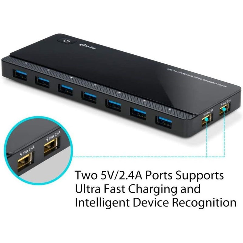 Close-up of TP-Link UH720's charging ports with power output specifications