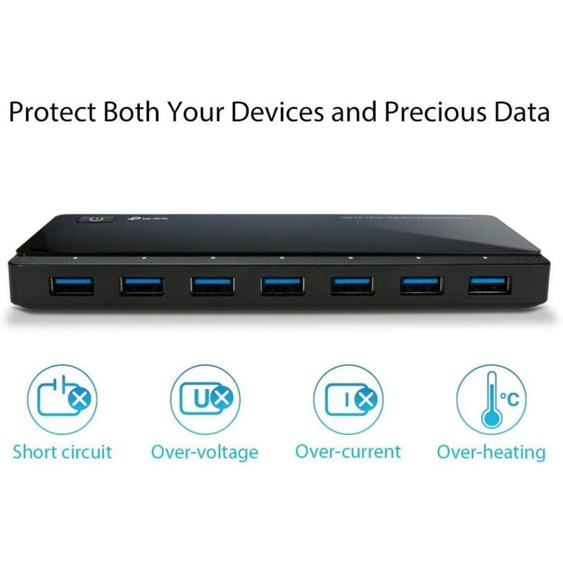 Diagram showing TP-Link UH720's protection features against electrical hazards