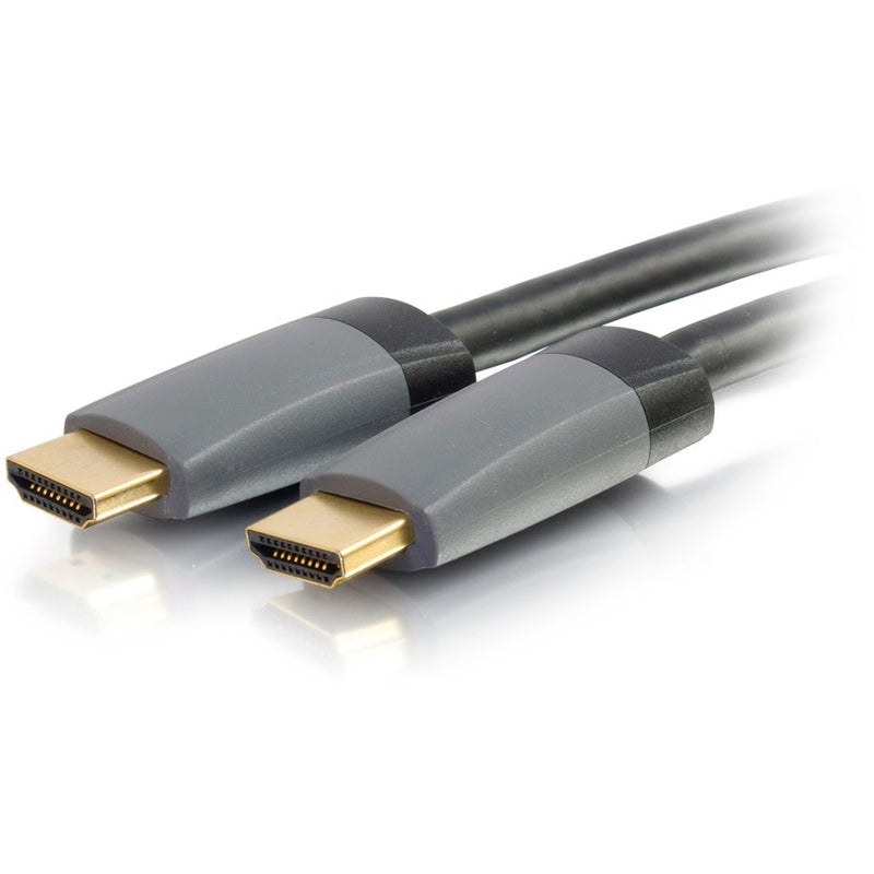 Close-up view of gold-plated HDMI connectors with gray housing on black cable