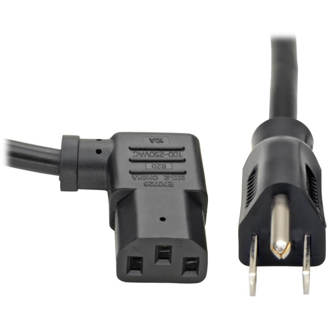 Close-up view of right-angle NEMA 5-15P connector and IEC C13 connector on black power cord-alternate-image1