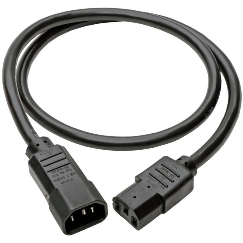 Full length view of Tripp Lite P005-003 3-foot power extension cord showing both connectors