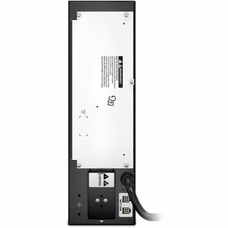 Rear view of APC Smart-UPS SRT battery pack showing connection ports, safety warnings, and battery management interface