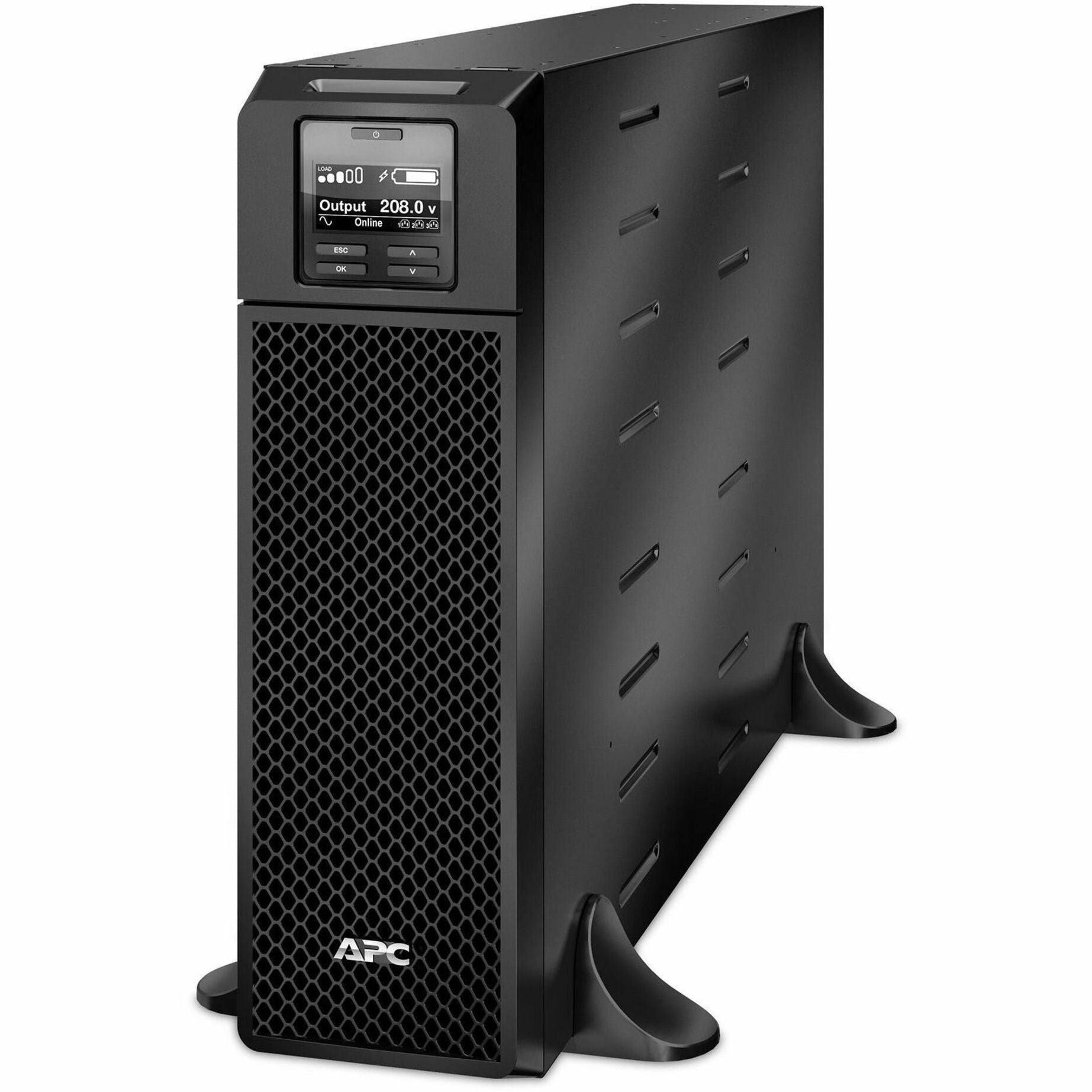 Front view of APC SRT5KXLT Smart-UPS showing LCD display and diamond mesh ventilation pattern-alternate-image1