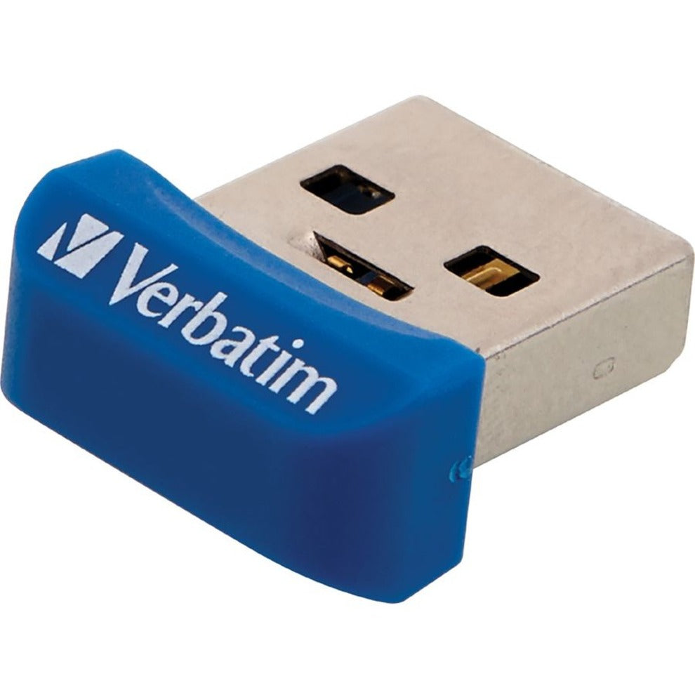 Close-up view of the blue Verbatim Store 'n' Stay Nano USB drive showing its compact design and metallic USB connector-alternate-image1