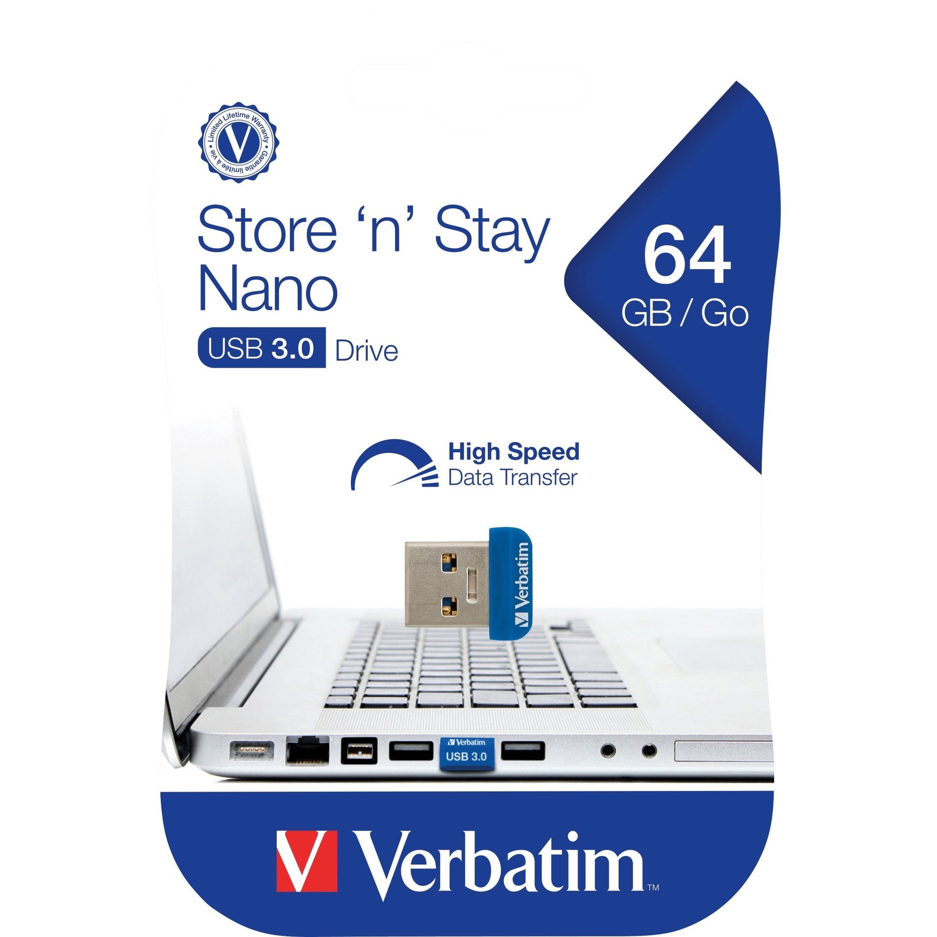 Verbatim 98711 Store 'n' Stay Nano USB 3.2 Gen 1 Flash Drive - Blue, 64GB Storage