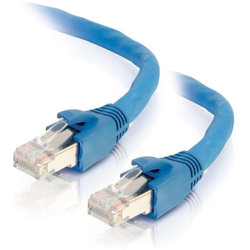 Close-up of two blue Cat6 RJ-45 connectors showing snagless boot design and shielded construction